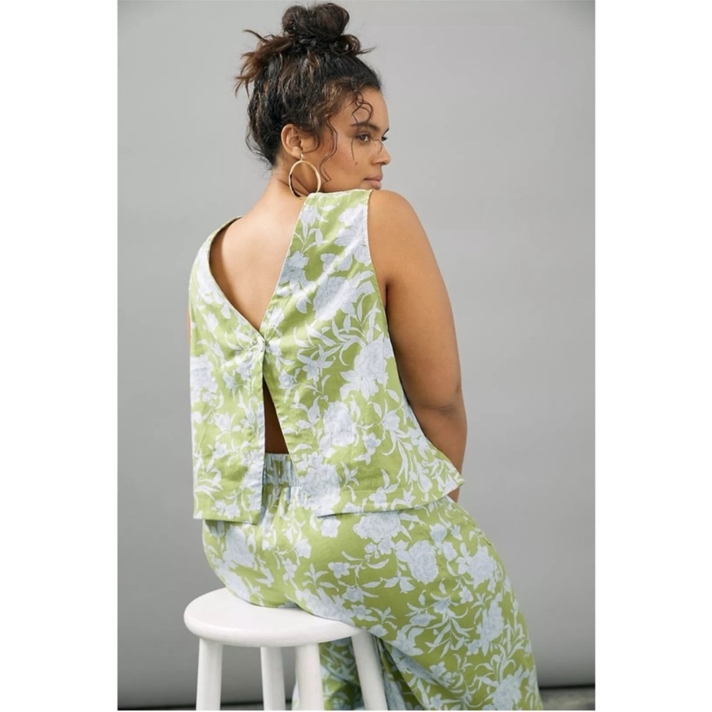 Anthropologie Maeve 2 Piece Set London Green Blue Floral Wide Leg Pants Top XS